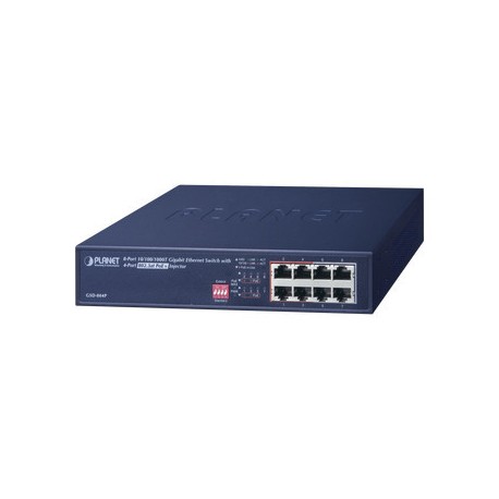 PLANET GSD-804P Switch PoE no Administrable 8 Puertos 10/100/1000 Mbps con 4 Puertos PoE 802.3af/at Modo Extender Hasta 250 mts
