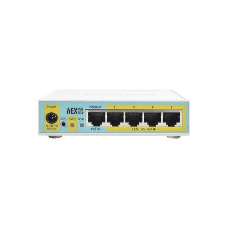 MIKROTIK RB750UPR2 (hEX PoE LITE) RouterBoard 5 Puertos Fast Ethernet 4 con PoE Pasivo 1 Puerto USB