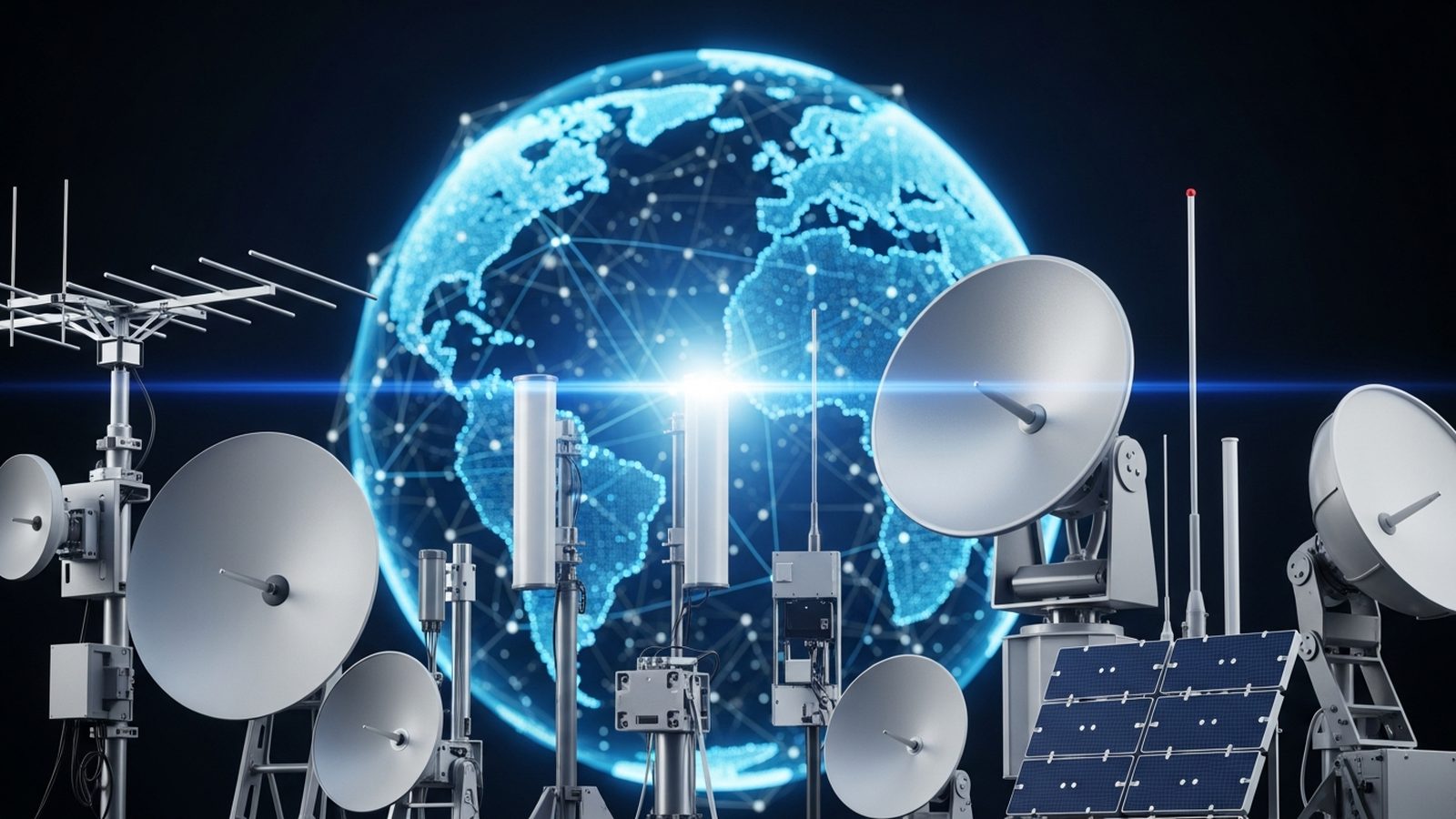 Antenas de telecomunicaciones con globo digital de fondo