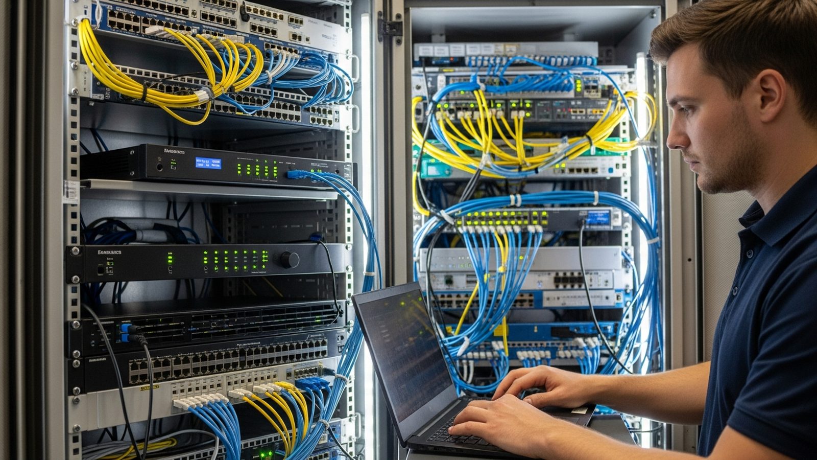 Técnico configurando router en gabinete de telecomunicaciones